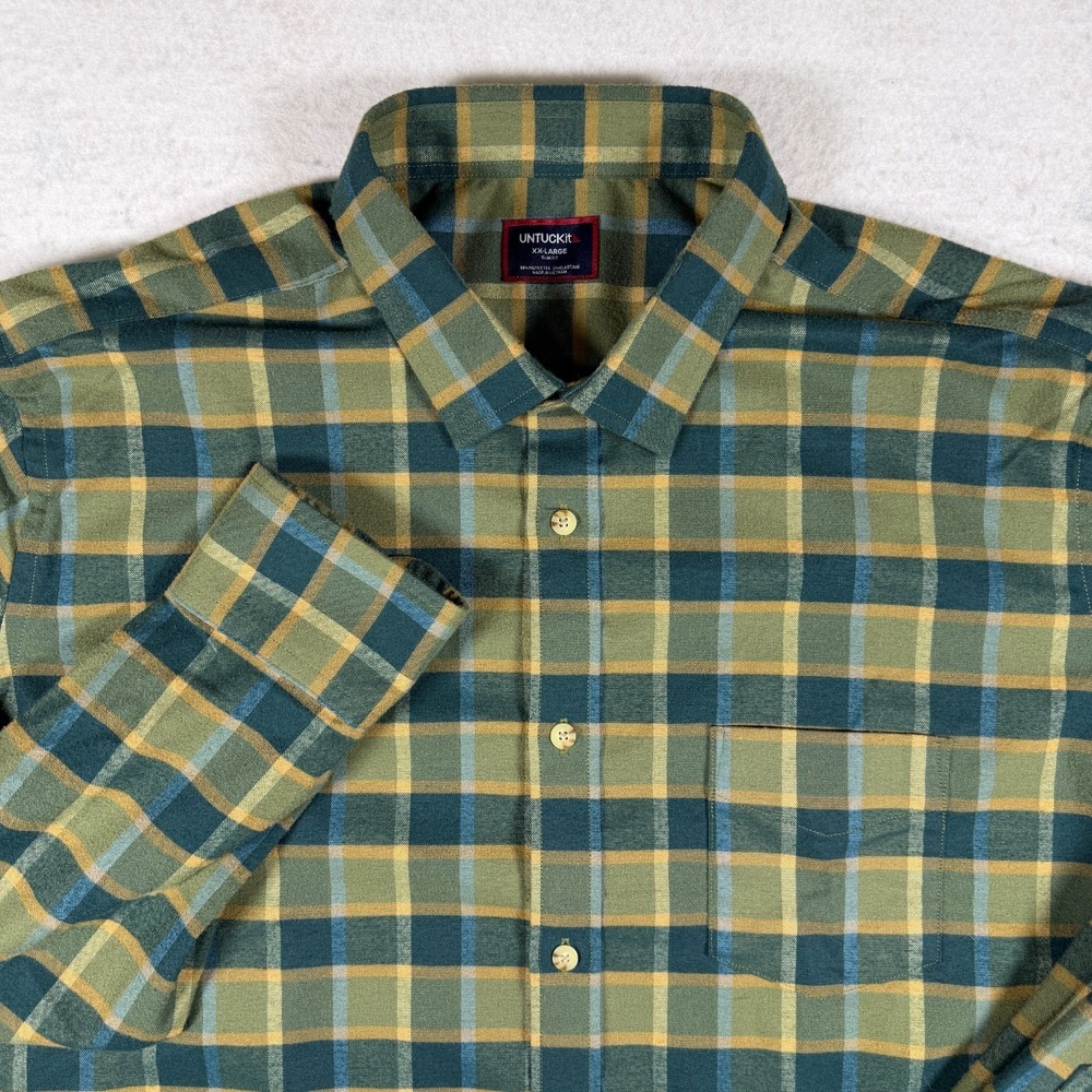 UNTUCKit Mens XXL 2XL Slim Fit Ryan Green Plaid Stretch Button Up Shirt
